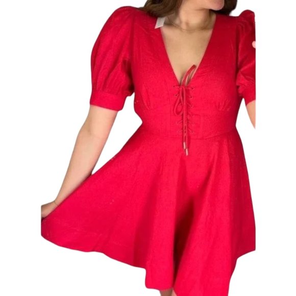 House of Harlow 1960 NEW Mini Flare Linen Blend Lacing Dress Size 4 Fuchsia - Picture 2 of 11